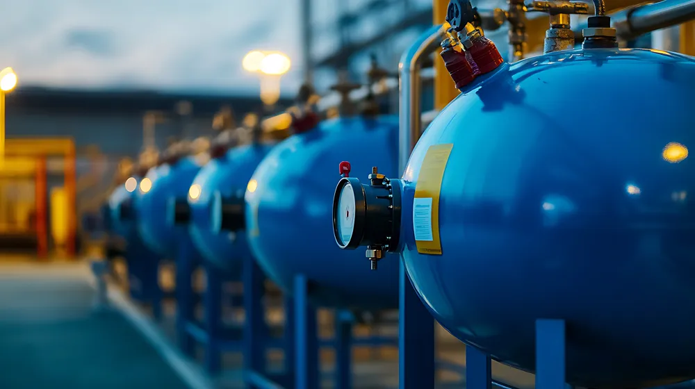 Fila de estanques de gas presurizado de color azul con manómetro y válvulas en una planta industrial