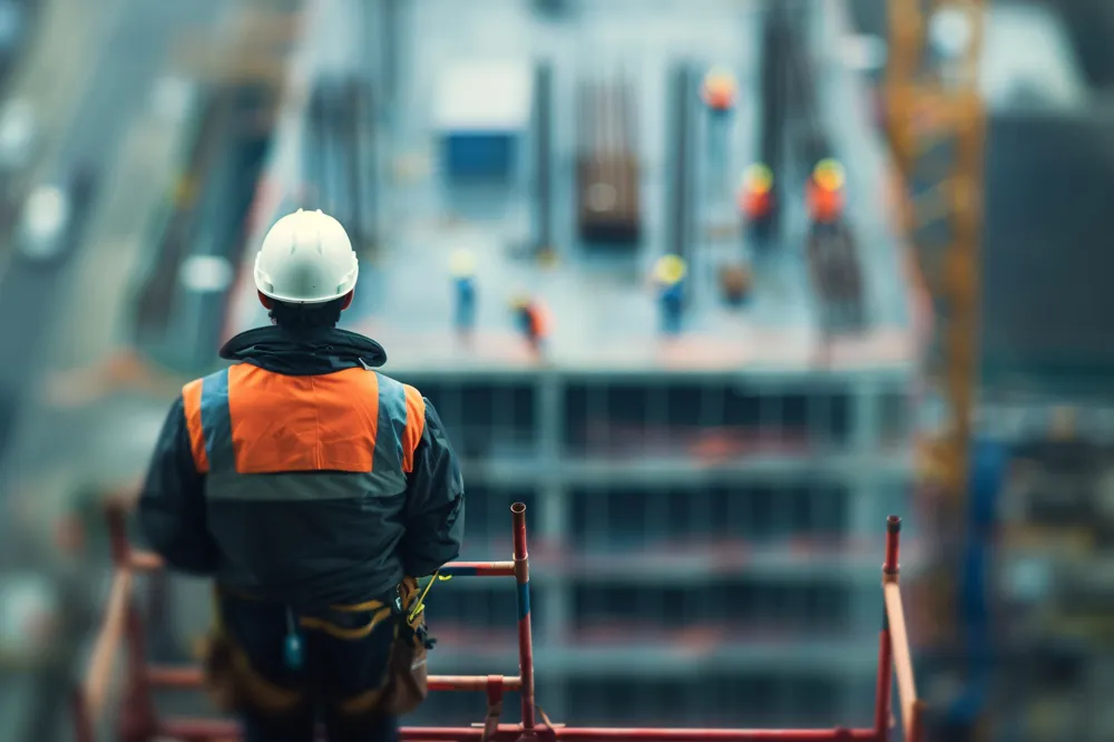 Ingeniero con casco y chaleco de seguridad observando desde altura una estructura en construcción de varios niveles
