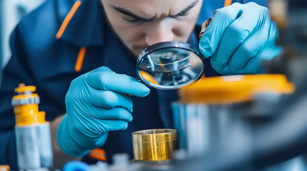 Técnico con guantes de nitrilo examinando con lupa una pieza metálica en el laboratorio